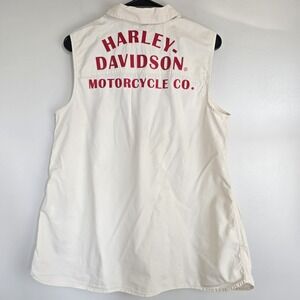 Harley Davidson Womens Sleeveless Motorcycle Collared Shirt Large Off White.C133
